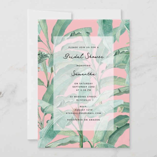 Pink Modern Tropical Palm Leaves Bridal Shower Invitation (Front)