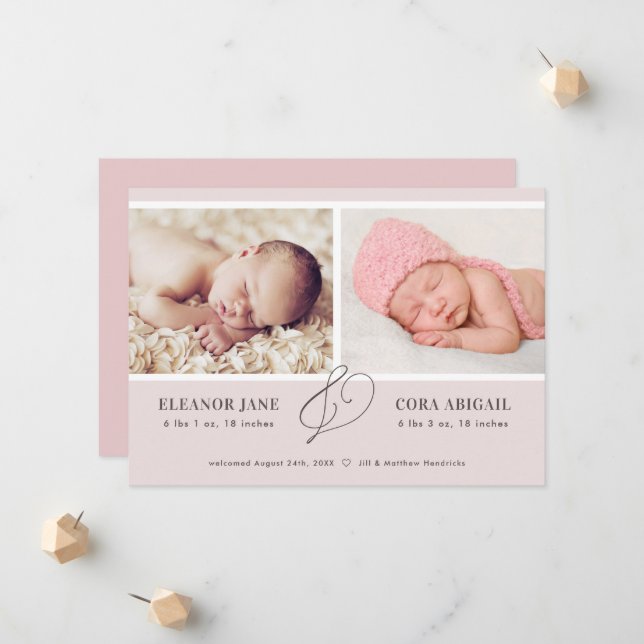 Pink Modern Twin Girls Photo Birth Announcement (Front/Back In Situ)