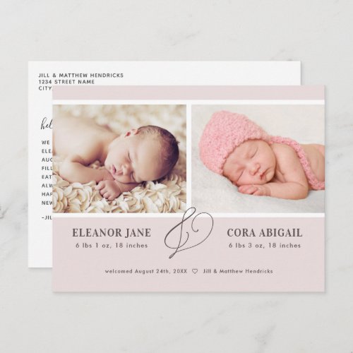 Pink Modern Twin Girls Photo Birth Announcement Postcard