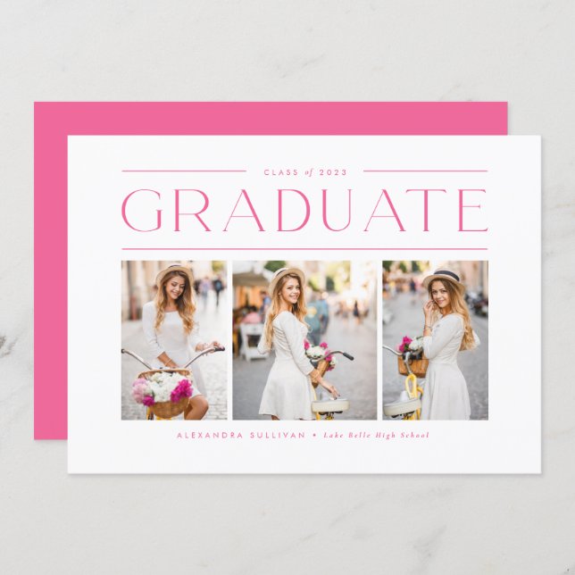 Pink Modern Typography Photo Collage Graduation Invitation (Front/Back)