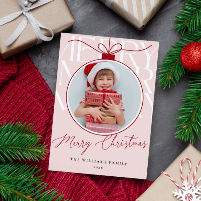 PINK MODERN TYPOGRAPHY PHOTO ORNAMENT  HOLIDAY CARD (Creator Uploaded)