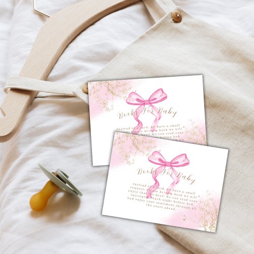 Pink Modern Watercolor Bow Books For Baby Shower  Enclosure Card