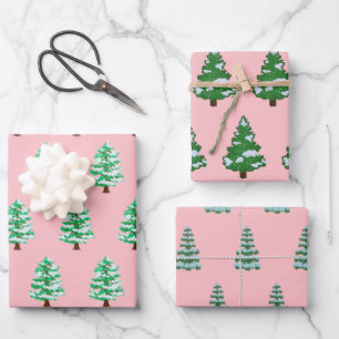 Pink Modern Watercolor Christmas Green Pine Tree Wrapping Paper Sheets