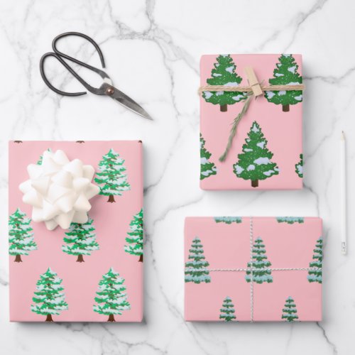 Pink Modern Watercolor Christmas Green Pine Tree  Wrapping Paper Sheets