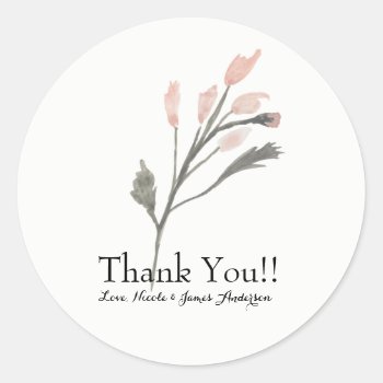 Pink Modern Watercolor Flower Floral Wedding Favor Classic Round Sticker by printabledigidesigns at Zazzle
