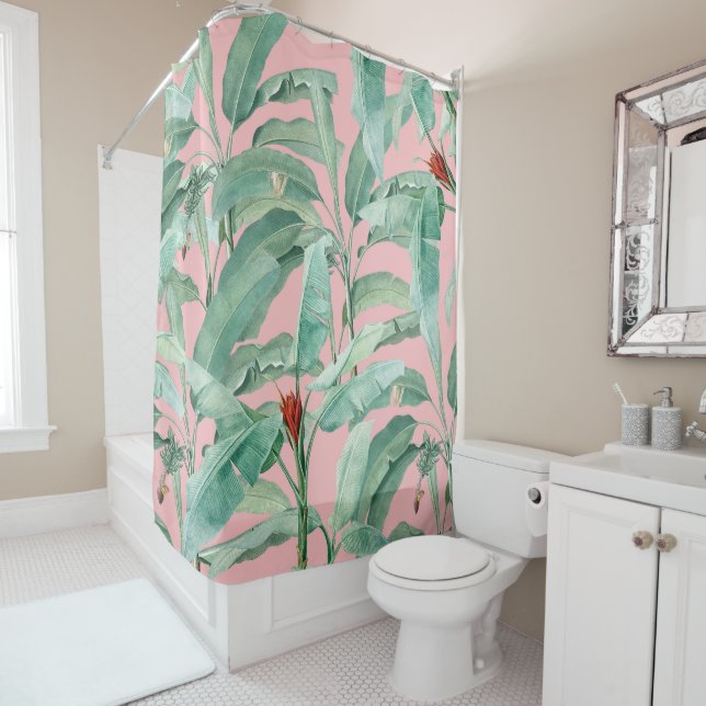 Pink Modern Watercolor Tropical Banana Palm Leaf Shower Curtain (In Situ)