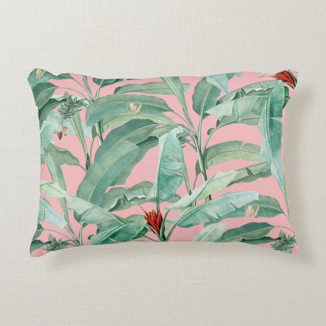 Pink Modern Watercolor Tropical Banana Palm Leaves Accent Pillow (Front)