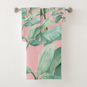 Pink Modern Watercolor Tropical Banana Palm Leaves Bath Towel Set