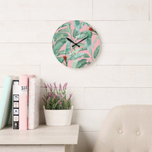 Pink Modern Watercolor Tropical Banana Palm Leaves Large Clock