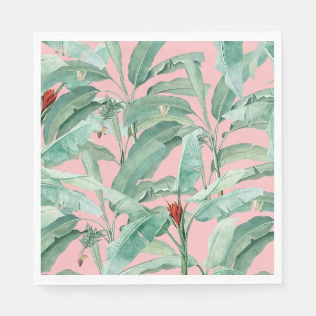 Pink Modern Watercolor Tropical Banana Palm Leaves Napkins (Front)