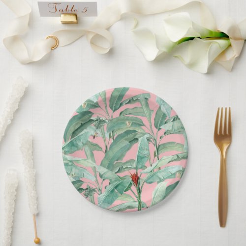 Pink Modern Watercolor Tropical Banana Palm Leaves Paper Plates