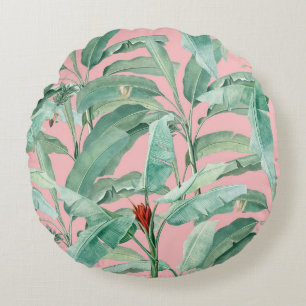 Pink Modern Watercolor Tropical Banana Palm Leaves Round Pillow