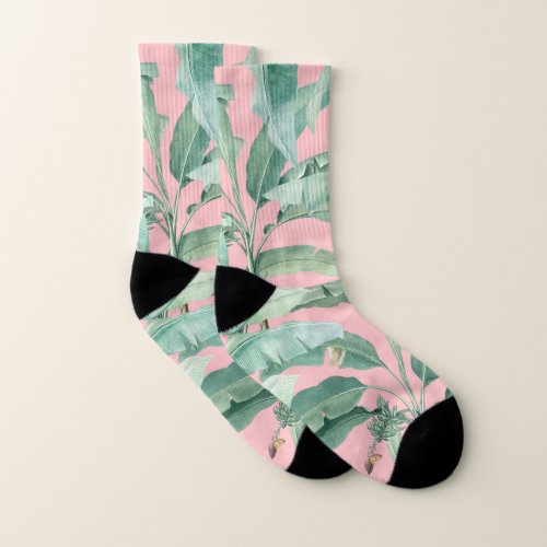 Pink Modern Watercolor Tropical Banana Palm Leaves Socks