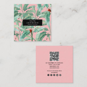 Pink Modern Watercolor Tropical Banana Palm Leaves Square Business Card