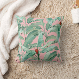 Pink Modern Watercolor Tropical Banana Palm Leaves Throw Pillow