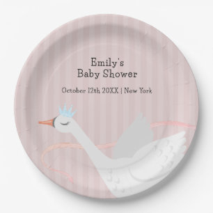 Pink Modern Whimsical Princess Swan Baby Shower  Paper Plates