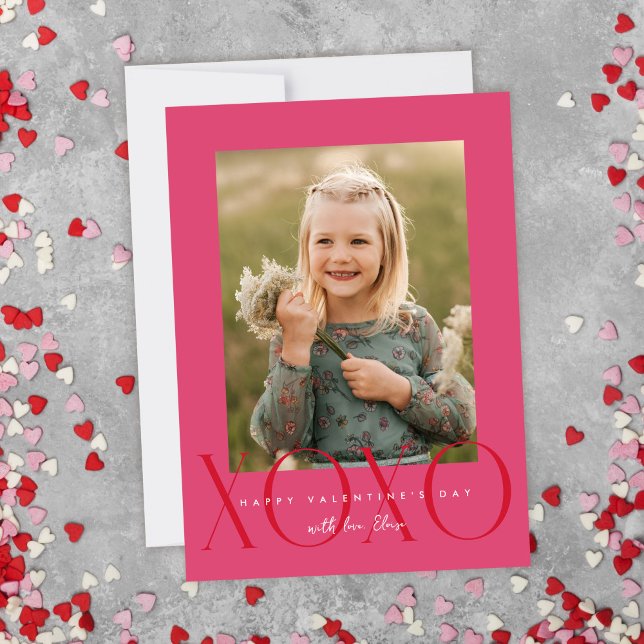 Pink Modern XOXO Photo Classroom Valentine Card (Creator Uploaded)