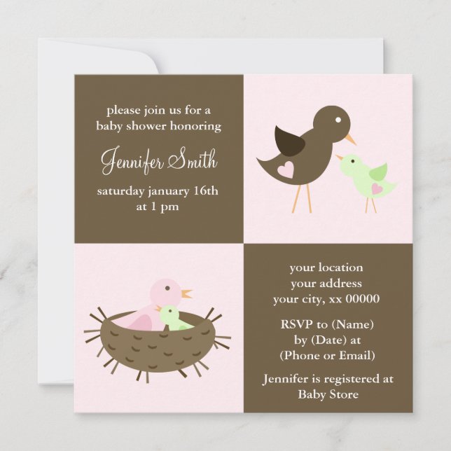 Pink Mom and Baby Bird Baby Shower Invitation (Front)