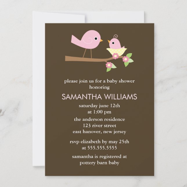 Pink Mom and Baby Birds in a Nest Baby Shower Invitation (Front)