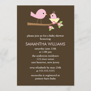 Pink Mom and Baby Birds in a Nest Baby Shower Invitation