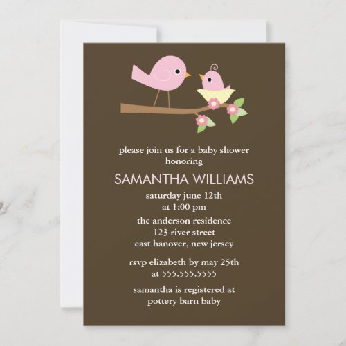 Pink Mom and Baby Birds in a Nest Baby Shower Invitation