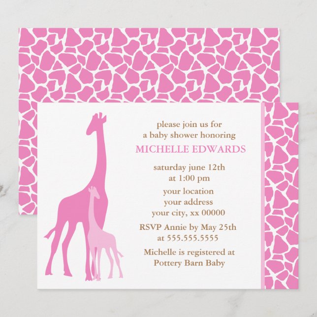Pink Mom and Baby Giraffe Girl Baby Shower Invitation (Front/Back)