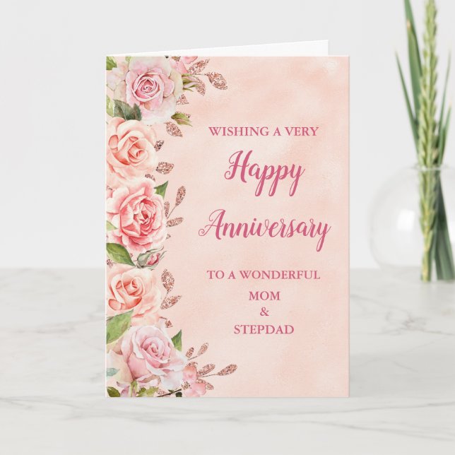 Pink Mom and Stepdad Wedding Anniversary Card (Front)