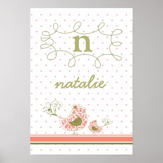 Pink Mom & Baby Bird Monogram Kids Wall Art Poster (Front)