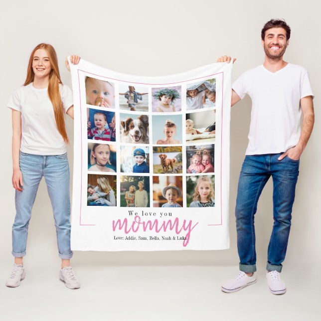 Pink mom gift photo collage script fleece blanket (In Situ)