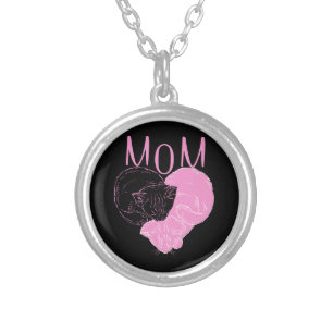 Pink MOM Heart Cats Silver Plated Necklace