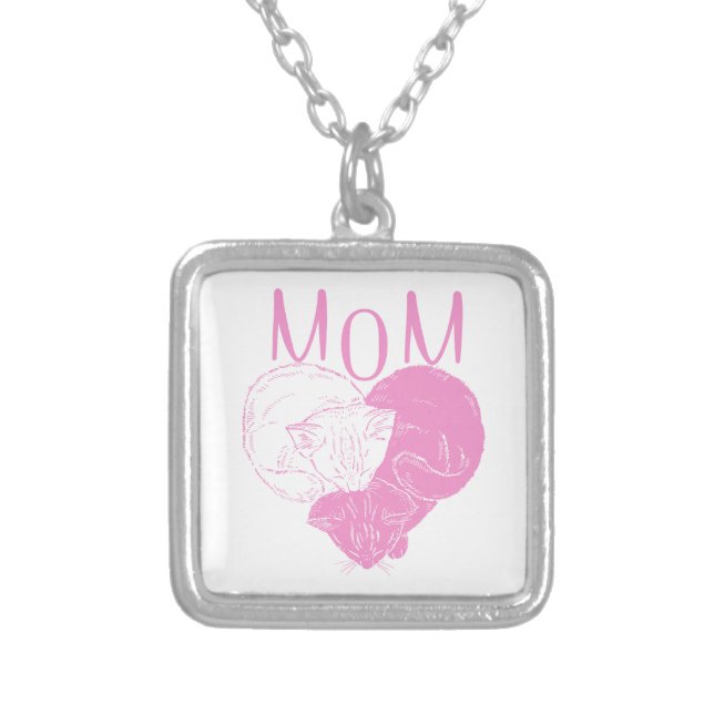 Pink MOM Heart Cats Silver Plated Necklace (Front)
