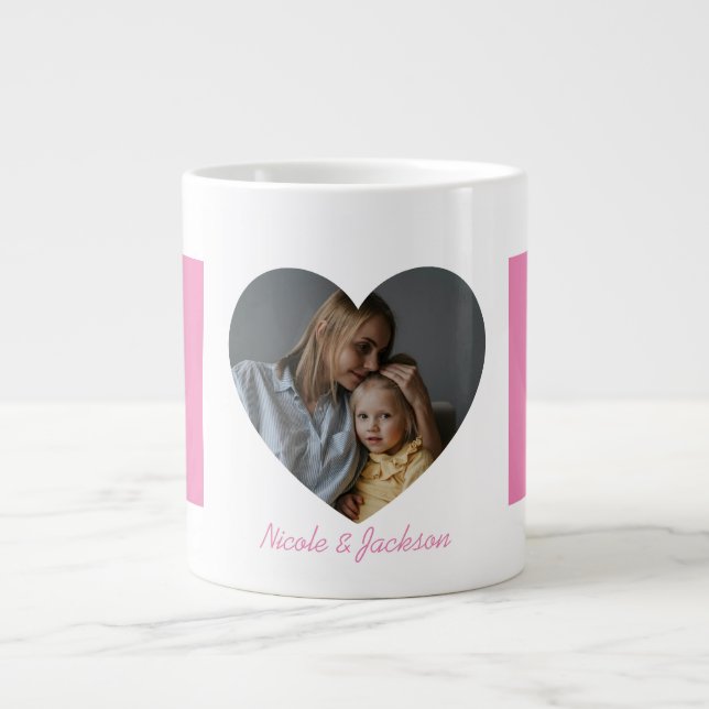 Pink Mom Heart Photo Name Mother's Day Giant Coffee Mug (Front)