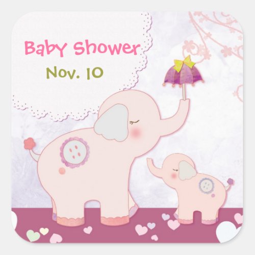 Pink Mom n Baby Elephants Baby Shower Square Sticker