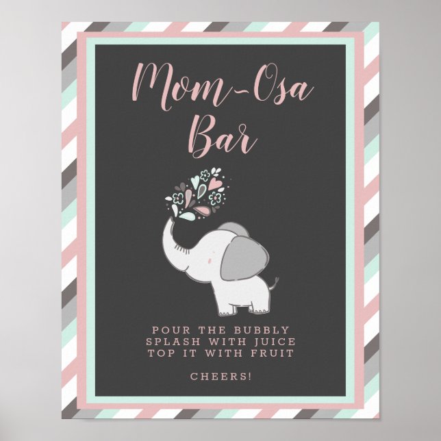 Pink Mom-Osa Bar Elephant Baby Shower Drinks Sign (Front)