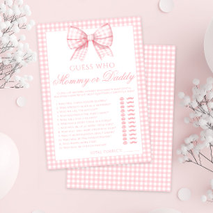 Pink mommy or daddy bow gingham baby shower game invitation