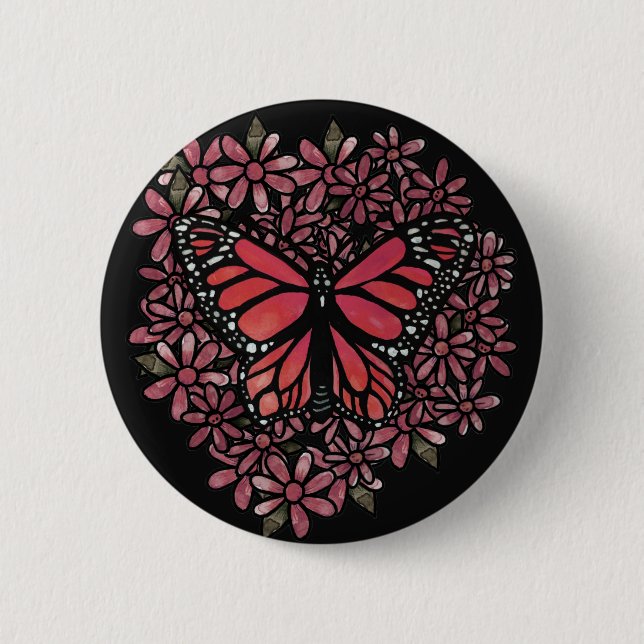 Pink Monarch Butterfly Spring Flower Daisies       Button (Front)