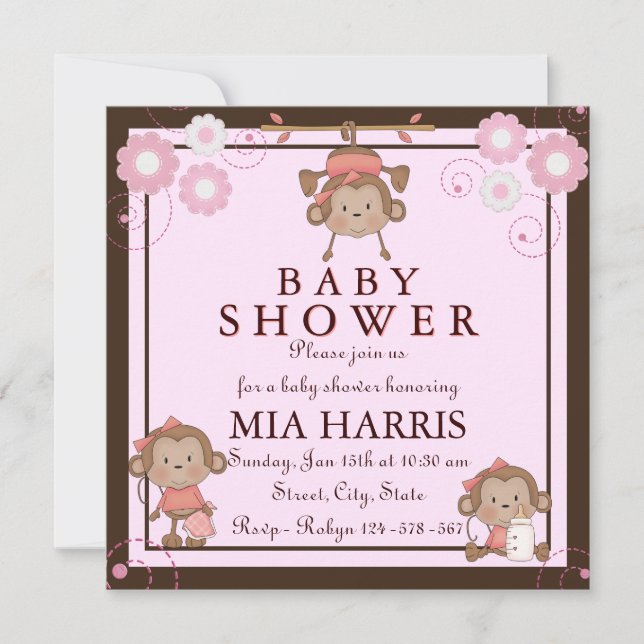 Pink Monkey Baby Shower Invitation (Front)