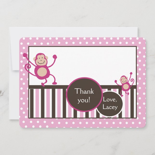 Pink Monkey Birthday Thank you note card (Front)