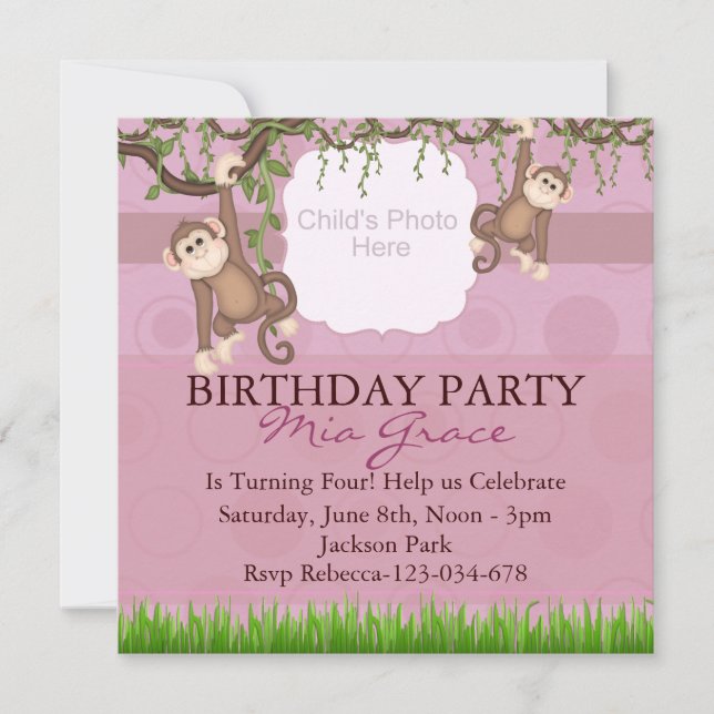 Pink Monkey Fun Photo Birthday Invite (Front)