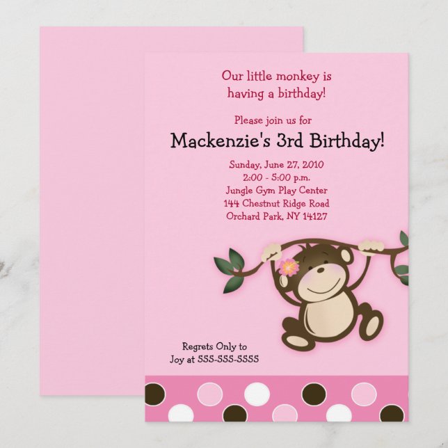 Pink Monkey Girl Birthday Invitation (Front/Back)