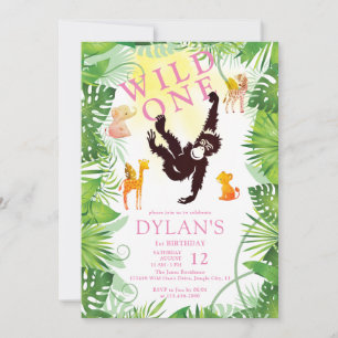 Pink Monkey Wild One Jungle Safari Girl 1st Bday Invitation