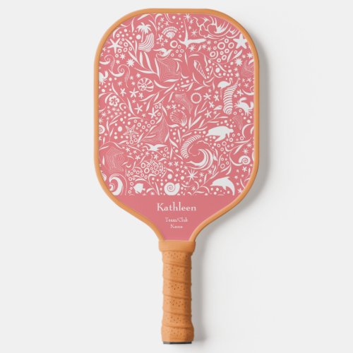 Pink Monogram Add Your Name Ocean Pattern Pickleball Paddle