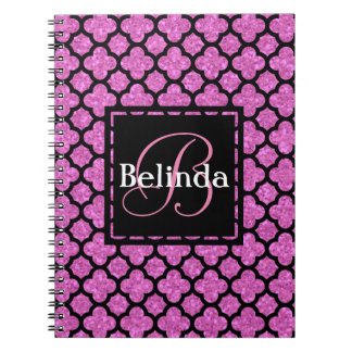 Pink Monogram and Glitter Quatrefoil Design Notebook
