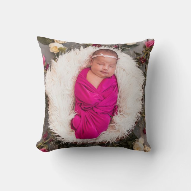 Pink Monogram Baby Girl Photo Throw Pillow (Front)