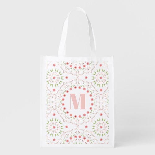 Pink Monogram Botanical Pretty Blush Mandala  Grocery Bag