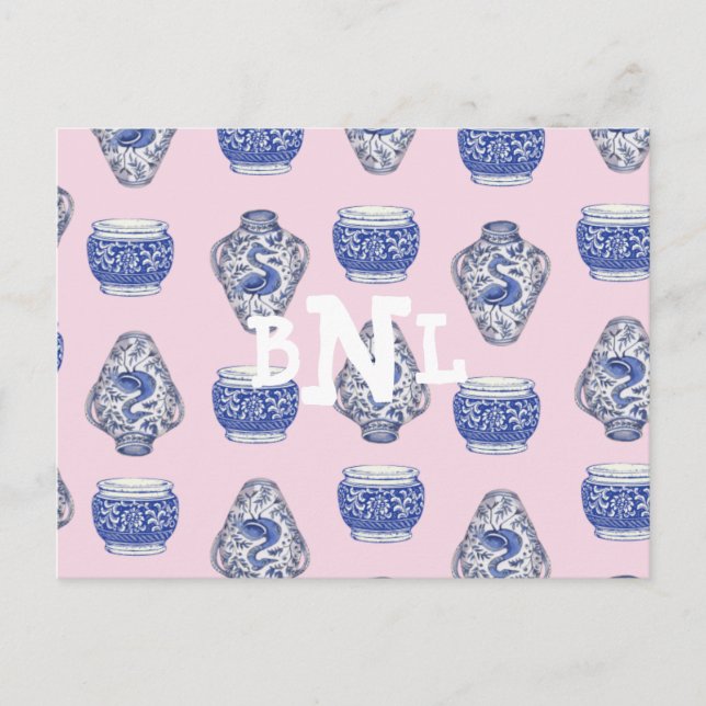 Pink Monogram Chinoisserie Ginger Jar  Holiday Postcard (Front)