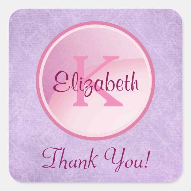 Pink Monogram Circle on Lavender Purple Thank You Square Sticker (Front)