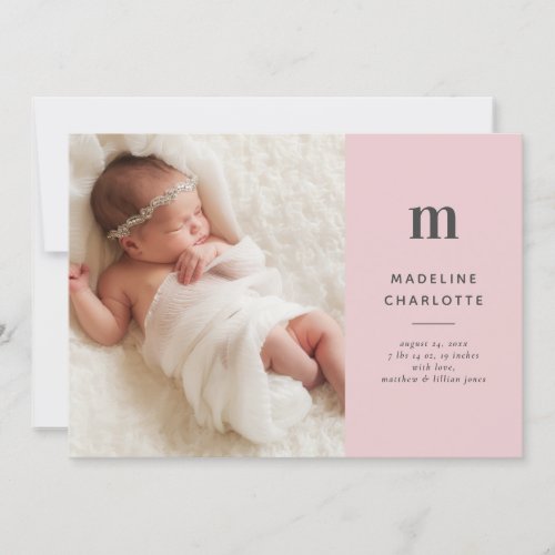 Pink Monogram Classic Baby Girl Photo Birth Announcement