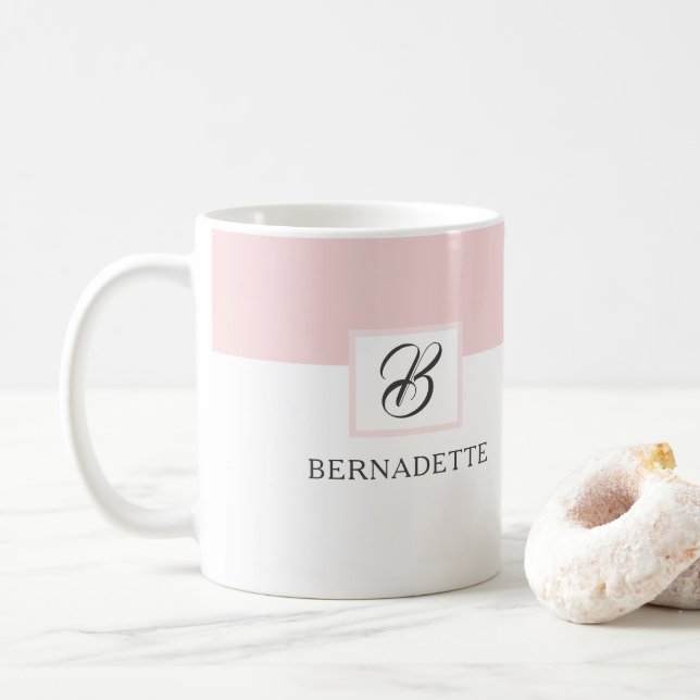 Pink Monogram Coffee Mug | Feminine Elegant White (With Donut)