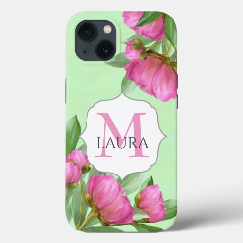 Pink Monogram Custom Floral Botanical Peonies iPhone 13 Case